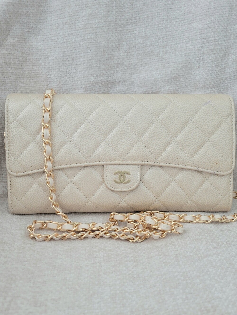 CHANEL Tan Quilted Pochette Clutch Crossbody with Gold Chain
